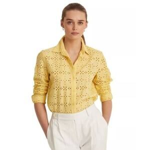 NWT Lauren Ralph Lauren Eyelet Long Sleeve Shirt Button Down Collared Yellow